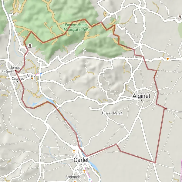 Miniatura della mappa di ispirazione al ciclismo "Scopri le Rovine di Carlet" nella regione di Comunitat Valenciana, Spain. Generata da Tarmacs.app, pianificatore di rotte ciclistiche