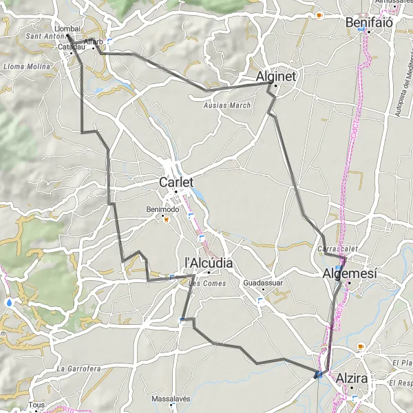Miniaturní mapa "Kulturní cyklotrasa Algemesí a Catadau" inspirace pro cyklisty v oblasti Comunitat Valenciana, Spain. Vytvořeno pomocí plánovače tras Tarmacs.app