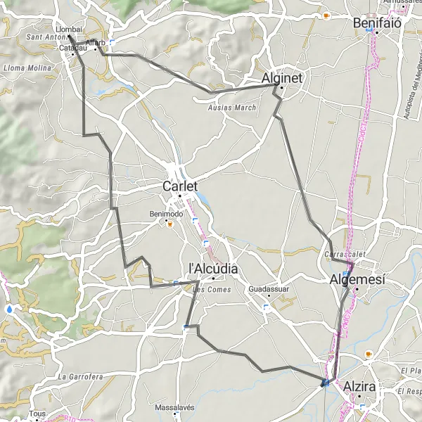 Map miniature of "Llombai to Catadau Road Route" cycling inspiration in Comunitat Valenciana, Spain. Generated by Tarmacs.app cycling route planner