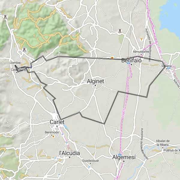 Map miniature of "Llombai to Carlet Road Route" cycling inspiration in Comunitat Valenciana, Spain. Generated by Tarmacs.app cycling route planner