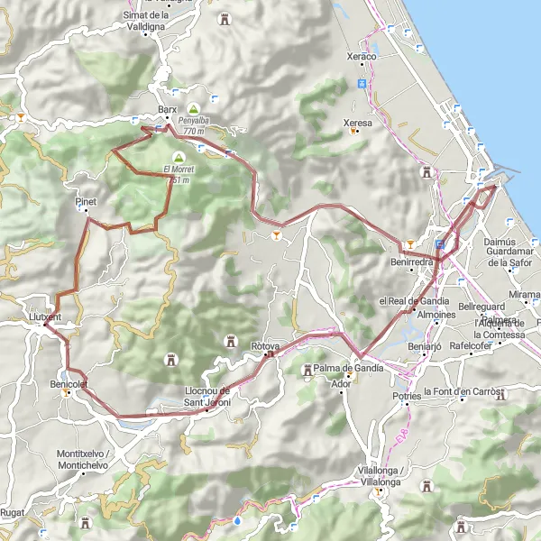 Miniatua del mapa de inspiración ciclista "Vuelta en bicicleta por los alrededores de Llutxent (grava)" en Comunitat Valenciana, Spain. Generado por Tarmacs.app planificador de rutas ciclistas