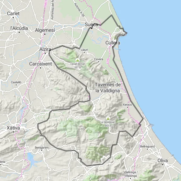 Karten-Miniaturansicht der Radinspiration "Die Bergtour von Llutxent nach Sueca" in Comunitat Valenciana, Spain. Erstellt vom Tarmacs.app-Routenplaner für Radtouren