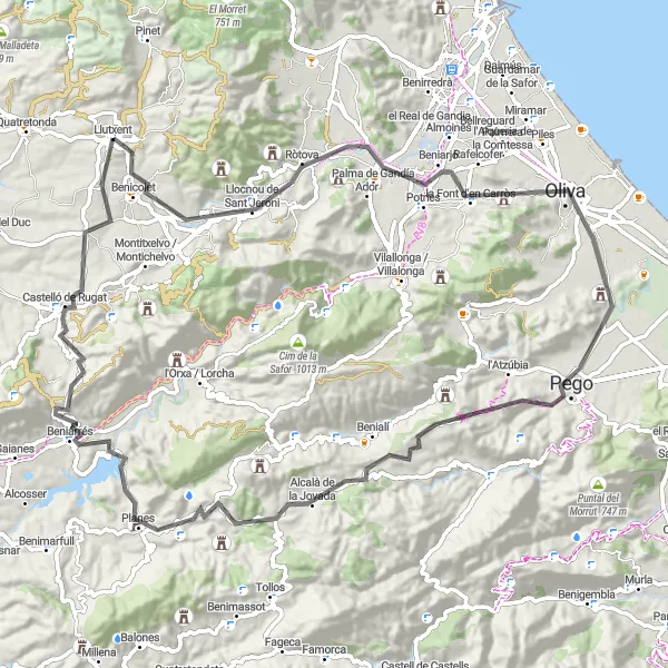 Miniature de la carte de l'inspiration cycliste "Tour des Vallées du Sud" dans la Comunitat Valenciana, Spain. Générée par le planificateur d'itinéraire cycliste Tarmacs.app