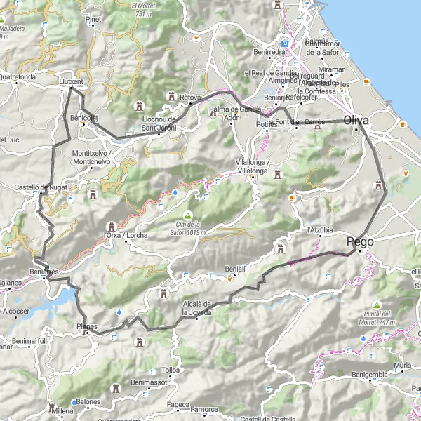 Miniatuurkaart van de fietsinspiratie "Route van Llutxent naar Beniflá en terug" in Comunitat Valenciana, Spain. Gemaakt door de Tarmacs.app fietsrouteplanner