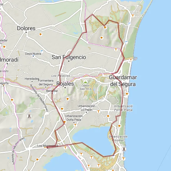 Miniatura della mappa di ispirazione al ciclismo "Giro in gravel di 48 km da Los Montesinos alla Laguna de la Mata" nella regione di Comunitat Valenciana, Spain. Generata da Tarmacs.app, pianificatore di rotte ciclistiche