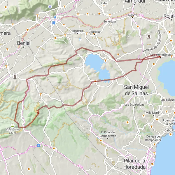 Miniatuurkaart van de fietsinspiratie "Grindwegenroute: Los Montesinos naar Columbares" in Comunitat Valenciana, Spain. Gemaakt door de Tarmacs.app fietsrouteplanner