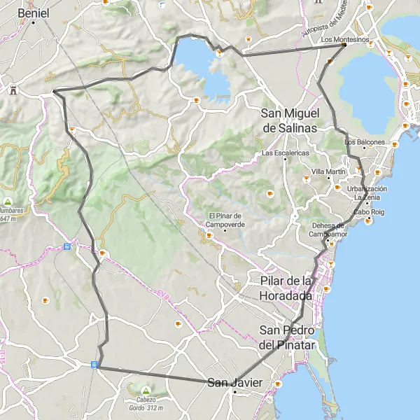 Miniatura della mappa di ispirazione al ciclismo "Avventuroso tour in bicicletta di 93 km da Los Montesinos a Sucina" nella regione di Comunitat Valenciana, Spain. Generata da Tarmacs.app, pianificatore di rotte ciclistiche