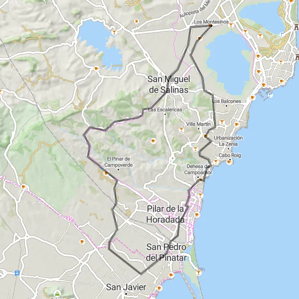 Miniatua del mapa de inspiración ciclista "Ruta en Carretera a Dehesa de Campoamor" en Comunitat Valenciana, Spain. Generado por Tarmacs.app planificador de rutas ciclistas