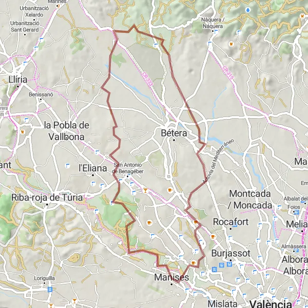 Miniatuurkaart van de fietsinspiratie "Gravel Route naar San Antonio de Benagéber, Campolivar en Manises" in Comunitat Valenciana, Spain. Gemaakt door de Tarmacs.app fietsrouteplanner