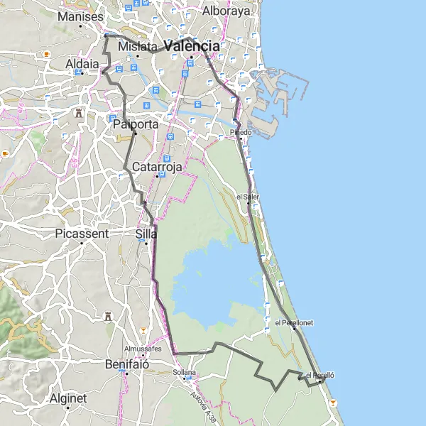 Miniatura mapy "Trasa na rowerze szosowym w pobliżu Manises" - trasy rowerowej w Comunitat Valenciana, Spain. Wygenerowane przez planer tras rowerowych Tarmacs.app