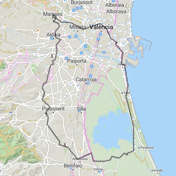 Miniatuurkaart van de fietsinspiratie "Manises - 309m ascent, 75km" in Comunitat Valenciana, Spain. Gemaakt door de Tarmacs.app fietsrouteplanner