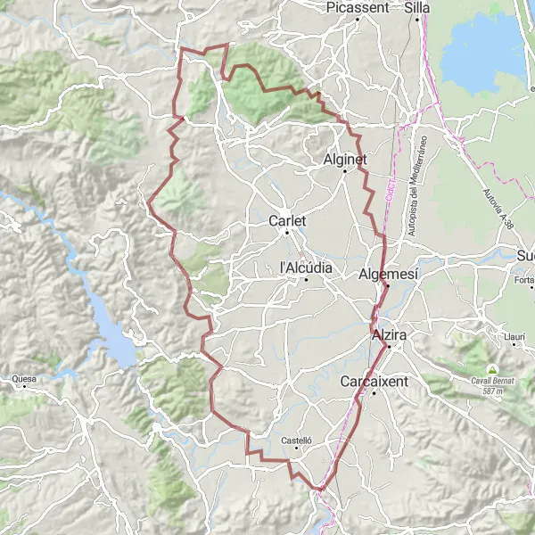 Miniaturní mapa "Gravelová trasa Alcàntera de Xúquer a Carcaixent" inspirace pro cyklisty v oblasti Comunitat Valenciana, Spain. Vytvořeno pomocí plánovače tras Tarmacs.app