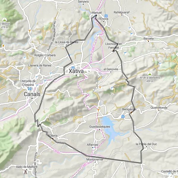 Miniatua del mapa de inspiración ciclista "Ruta en Bicicleta de Carretera cerca de Manuel" en Comunitat Valenciana, Spain. Generado por Tarmacs.app planificador de rutas ciclistas