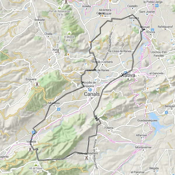 Map miniature of "Historical Valles Route" cycling inspiration in Comunitat Valenciana, Spain. Generated by Tarmacs.app cycling route planner