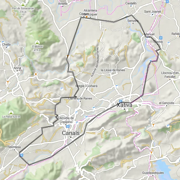 Miniatuurkaart van de fietsinspiratie "Route van Manuel naar Lloma dels 4 Vents" in Comunitat Valenciana, Spain. Gemaakt door de Tarmacs.app fietsrouteplanner