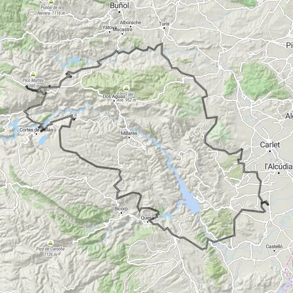 Miniature de la carte de l'inspiration cycliste "Défi de montagne" dans la Comunitat Valenciana, Spain. Générée par le planificateur d'itinéraire cycliste Tarmacs.app