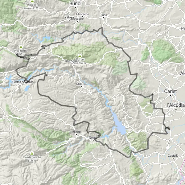 Karten-Miniaturansicht der Radinspiration "Abenteuerliche Road-Tour von Sumacàrcer nach Venta de Gaeta" in Comunitat Valenciana, Spain. Erstellt vom Tarmacs.app-Routenplaner für Radtouren