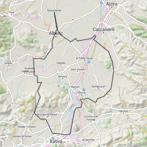 Miniatua del mapa de inspiración ciclista "Ruta de Ciclismo Masalavés - Xàtiva" en Comunitat Valenciana, Spain. Generado por Tarmacs.app planificador de rutas ciclistas