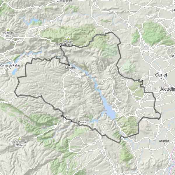 Map miniature of "The Valencian Highlands" cycling inspiration in Comunitat Valenciana, Spain. Generated by Tarmacs.app cycling route planner