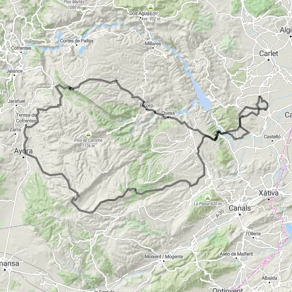 Miniature de la carte de l'inspiration cycliste "Parcours Road Castell de Sumacàrcer - Masalavés" dans la Comunitat Valenciana, Spain. Générée par le planificateur d'itinéraire cycliste Tarmacs.app