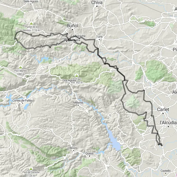 Miniatua del mapa de inspiración ciclista "Ruta de Ciclismo Masalavés - Massalavés" en Comunitat Valenciana, Spain. Generado por Tarmacs.app planificador de rutas ciclistas