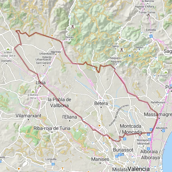 Map miniature of "Albalat dels Sorells - Trinchera - Llíria - Puntal del Llop - Nàquera / Náquera - Massamagrell Loop" cycling inspiration in Comunitat Valenciana, Spain. Generated by Tarmacs.app cycling route planner