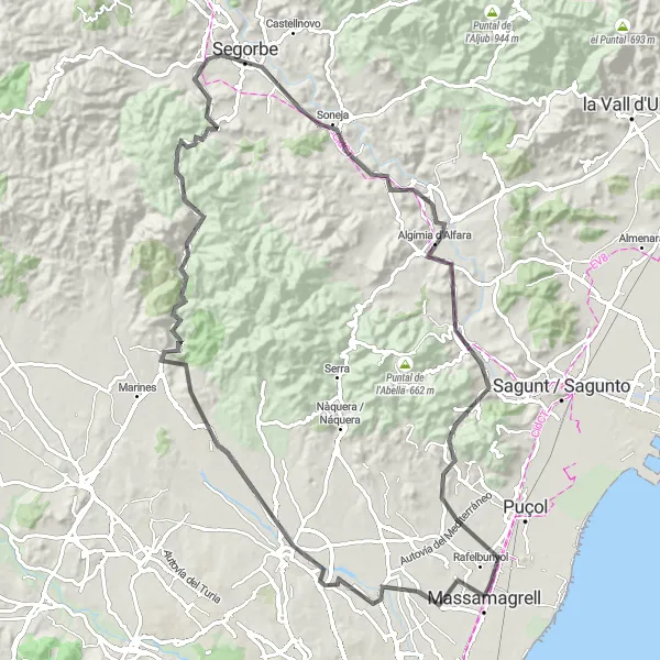 Miniatuurkaart van de fietsinspiratie "Route van Massamagrell naar Rafelbunyol" in Comunitat Valenciana, Spain. Gemaakt door de Tarmacs.app fietsrouteplanner