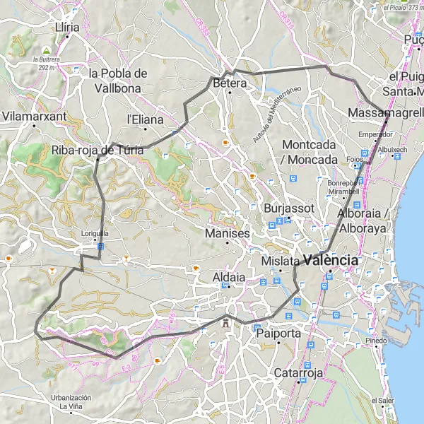 Map miniature of "Turia River Trail" cycling inspiration in Comunitat Valenciana, Spain. Generated by Tarmacs.app cycling route planner