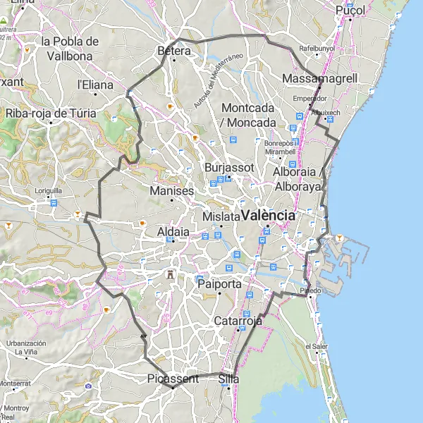 Map miniature of "Albuixech-Mirador de la Reina Loop" cycling inspiration in Comunitat Valenciana, Spain. Generated by Tarmacs.app cycling route planner