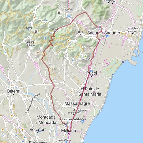 Miniaturní mapa "Gravelová trasa skrz okolí Meliany" inspirace pro cyklisty v oblasti Comunitat Valenciana, Spain. Vytvořeno pomocí plánovače tras Tarmacs.app