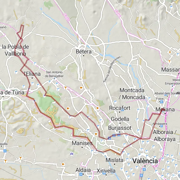 Miniatua del mapa de inspiración ciclista "Ruta de ciclismo en gravilla desde Meliana" en Comunitat Valenciana, Spain. Generado por Tarmacs.app planificador de rutas ciclistas