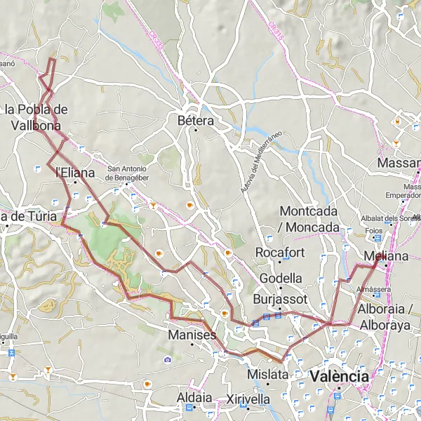 Miniatuurkaart van de fietsinspiratie "Gravelfietsroute naar Almàssera, Mislata, Mirador de la Reina, la Pobla de Vallbona, Paterna en Foios" in Comunitat Valenciana, Spain. Gemaakt door de Tarmacs.app fietsrouteplanner