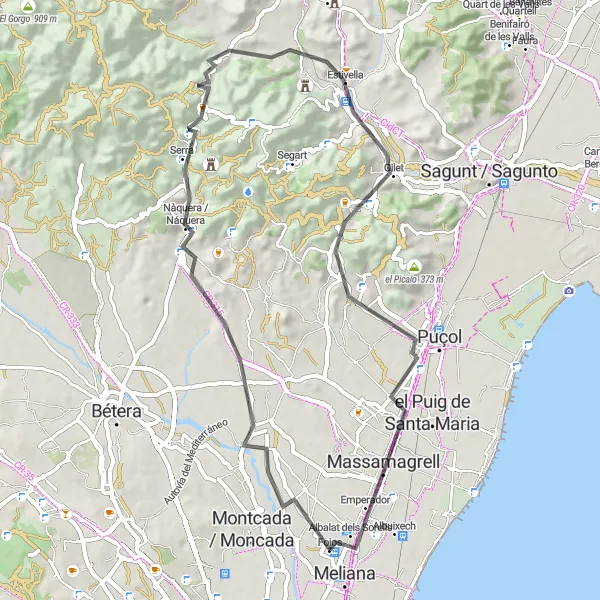 Miniatua del mapa de inspiración ciclista "Ruta en bicicleta de carretera desde Meliana a Vinalesa" en Comunitat Valenciana, Spain. Generado por Tarmacs.app planificador de rutas ciclistas