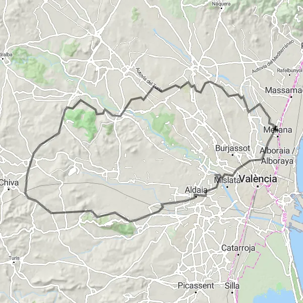 Miniatua del mapa de inspiración ciclista "Ruta en bicicleta de carretera desde Meliana a Mislata" en Comunitat Valenciana, Spain. Generado por Tarmacs.app planificador de rutas ciclistas