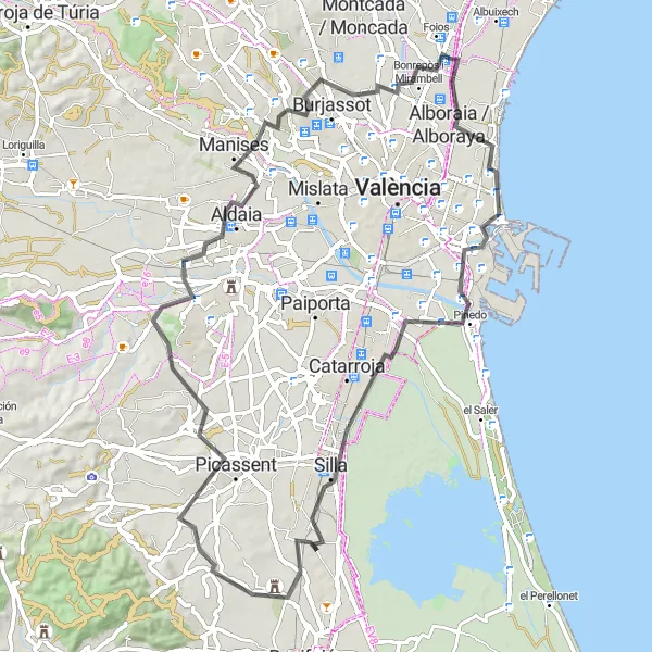 Miniatua del mapa de inspiración ciclista "Ruta de ciclismo por carretera desde Meliana" en Comunitat Valenciana, Spain. Generado por Tarmacs.app planificador de rutas ciclistas