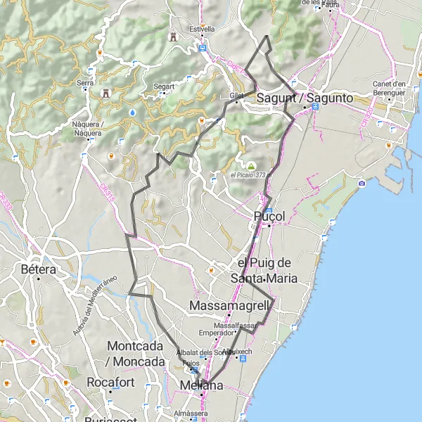 Miniatua del mapa de inspiración ciclista "Ruta en bicicleta de carretera desde Meliana a Albalat dels Sorells" en Comunitat Valenciana, Spain. Generado por Tarmacs.app planificador de rutas ciclistas