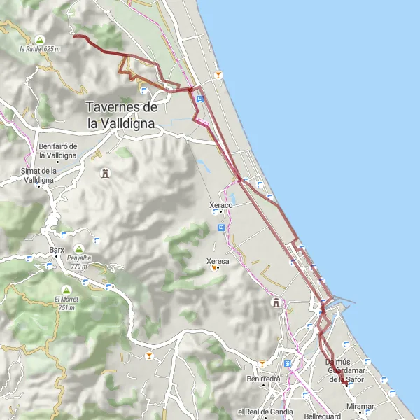 Karten-Miniaturansicht der Radinspiration "Küsten- und Schlossroute" in Comunitat Valenciana, Spain. Erstellt vom Tarmacs.app-Routenplaner für Radtouren