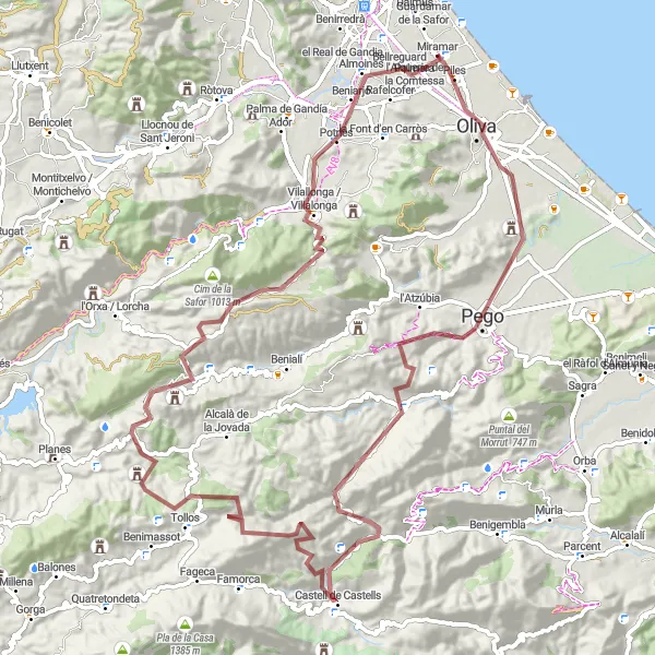 Miniatua del mapa de inspiración ciclista "Ruta en Bicicleta de Grava en Miramar" en Comunitat Valenciana, Spain. Generado por Tarmacs.app planificador de rutas ciclistas