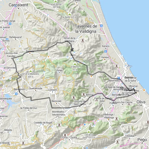 Miniatura della mappa di ispirazione al ciclismo "Tour in bicicletta di 89 km partendo da Miramar" nella regione di Comunitat Valenciana, Spain. Generata da Tarmacs.app, pianificatore di rotte ciclistiche