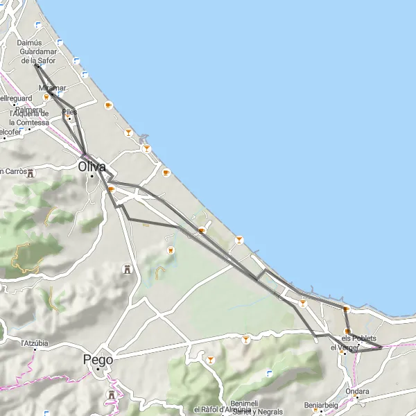 Miniatua del mapa de inspiración ciclista "Ruta en Bicicleta de Carretera en Miramar" en Comunitat Valenciana, Spain. Generado por Tarmacs.app planificador de rutas ciclistas