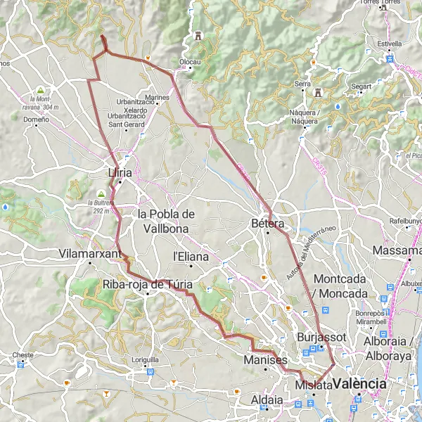 Miniatura della mappa di ispirazione al ciclismo "Giro in bicicletta Mislata - Manises - Mirador de la Reina - la Buitrera - Llíria - Puntal del Llop - Bétera - Mislata" nella regione di Comunitat Valenciana, Spain. Generata da Tarmacs.app, pianificatore di rotte ciclistiche