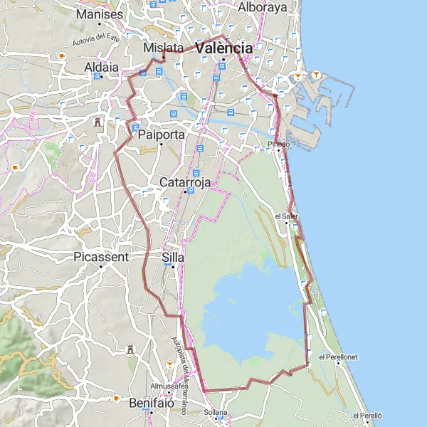 Miniatura della mappa di ispirazione al ciclismo "La Costa di Valencia in Gravel" nella regione di Comunitat Valenciana, Spain. Generata da Tarmacs.app, pianificatore di rotte ciclistiche