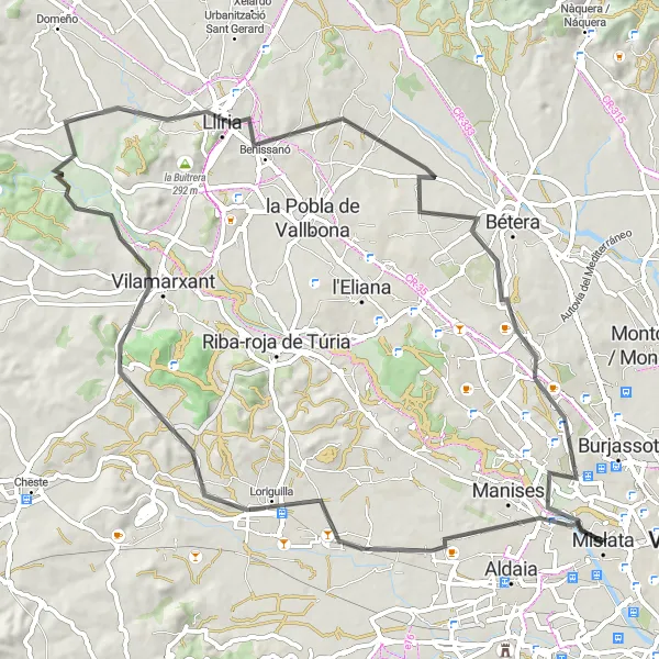 Miniatuurkaart van de fietsinspiratie "Rondrit Mislata - Quart de Poblet - Loriguilla - Vilamarxant - Llíria - Mas Camarena" in Comunitat Valenciana, Spain. Gemaakt door de Tarmacs.app fietsrouteplanner