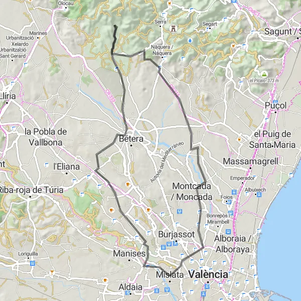 Miniatura della mappa di ispirazione al ciclismo "Le Montagne di Valencia in Strada" nella regione di Comunitat Valenciana, Spain. Generata da Tarmacs.app, pianificatore di rotte ciclistiche