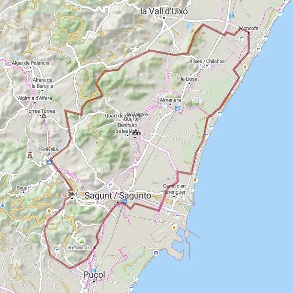 Miniatura della mappa di ispirazione al ciclismo "Tour in Gravel da Moncofa a Estivella" nella regione di Comunitat Valenciana, Spain. Generata da Tarmacs.app, pianificatore di rotte ciclistiche