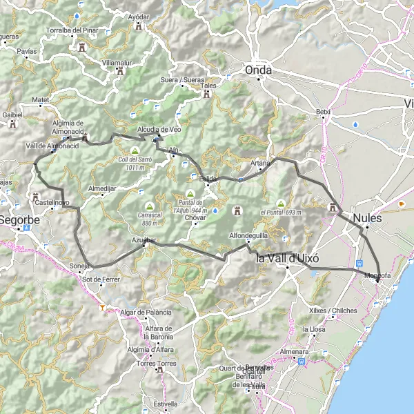 Miniature de la carte de l'inspiration cycliste "Randonnée à vélo panoramique de Moncofa" dans la Comunitat Valenciana, Spain. Générée par le planificateur d'itinéraire cycliste Tarmacs.app