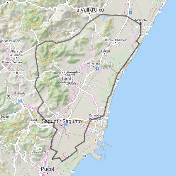 Miniatura mapy "Circular Road Cycling Route: Moncofa - Canet d'en Berenguer - Castell de Sagunt- Grupo Colonia Carmaday - Moncofa" - trasy rowerowej w Comunitat Valenciana, Spain. Wygenerowane przez planer tras rowerowych Tarmacs.app