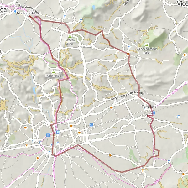 Miniatua del mapa de inspiración ciclista "Ruta de Ciclismo en Grava desde Monforte del Cid a Portichol" en Comunitat Valenciana, Spain. Generado por Tarmacs.app planificador de rutas ciclistas