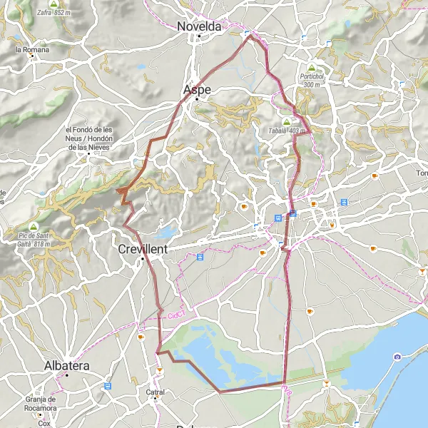 Miniaturní mapa "Gravelová trasa 'Monforte del Cid - Crevillent - Aspe'" inspirace pro cyklisty v oblasti Comunitat Valenciana, Spain. Vytvořeno pomocí plánovače tras Tarmacs.app