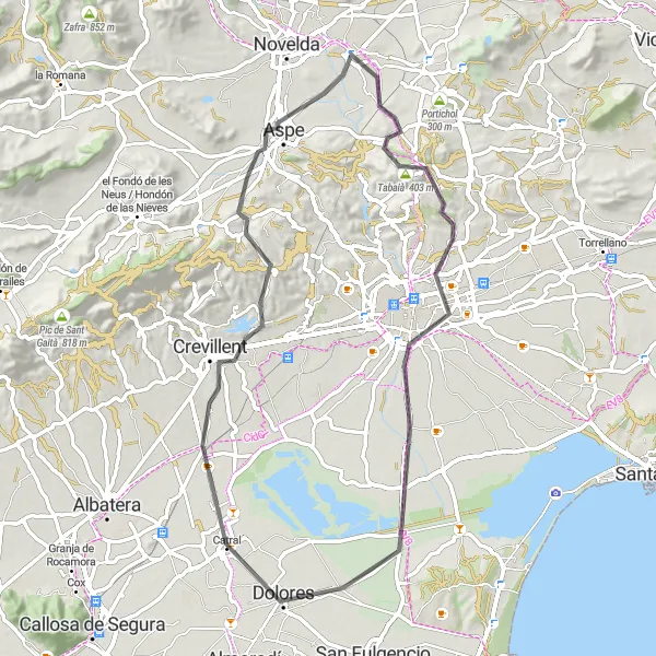 Miniatua del mapa de inspiración ciclista "Ruta de Ciclismo en Carretera desde Monforte del Cid a Tabaià" en Comunitat Valenciana, Spain. Generado por Tarmacs.app planificador de rutas ciclistas